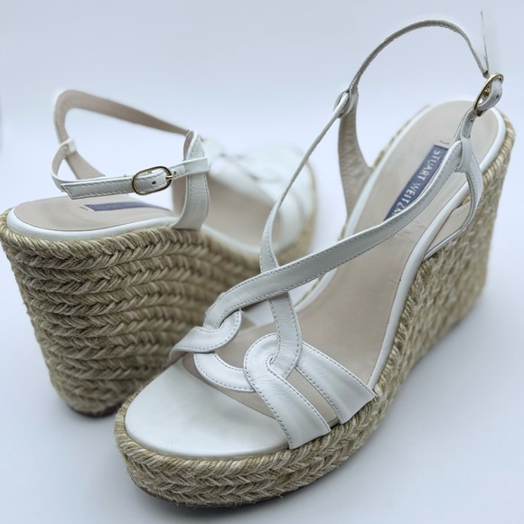 Stuart Weitzman Coquille Leather Wedge Espadrille Cream White Tan 9,5 LIKE NEW - Picture 5 of 6